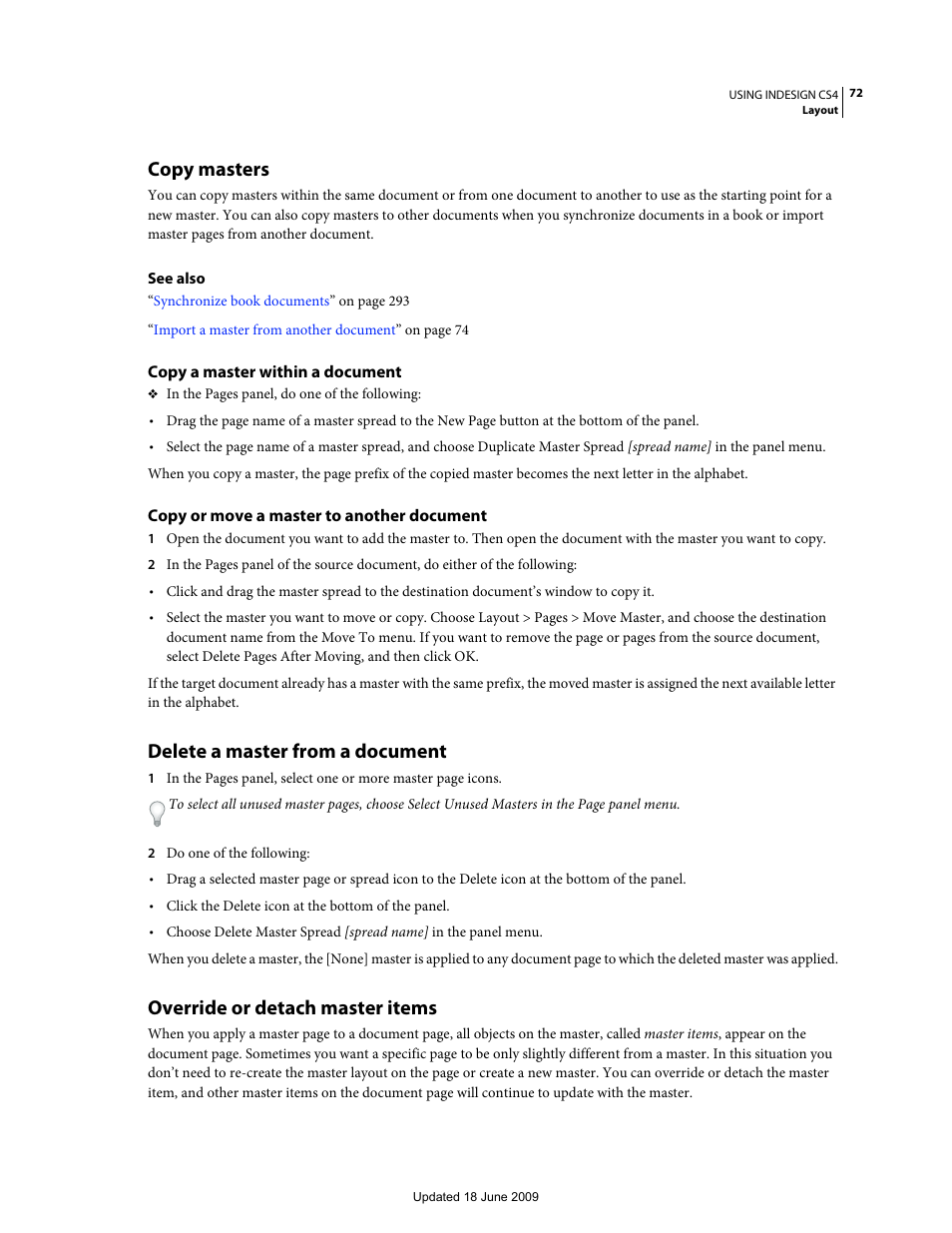 Copy masters, Copy a master within a document, Copy or move a master to another document | Delete a master from a document, Override or detach master items | Adobe InDesign CS4 User Manual | Page 80 / 717