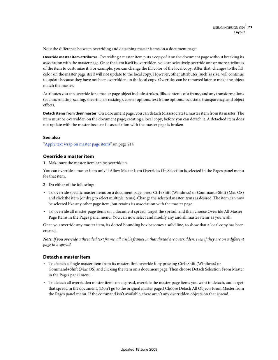 Override a master item, Detach a master item | Adobe InDesign CS4 User Manual | Page 81 / 717