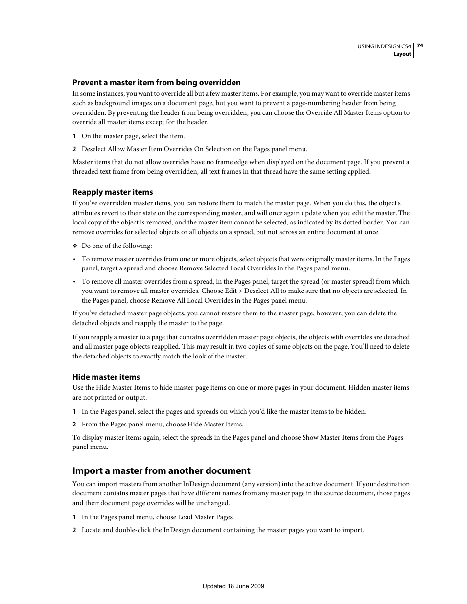 Prevent a master item from being overridden, Reapply master items, Hide master items | Import a master from another document | Adobe InDesign CS4 User Manual | Page 82 / 717
