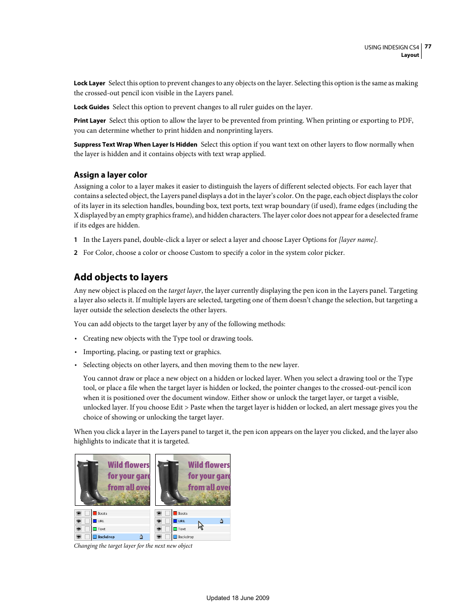 Assign a layer color, Add objects to layers, Wild flowers for your gard from all over | Adobe InDesign CS4 User Manual | Page 85 / 717