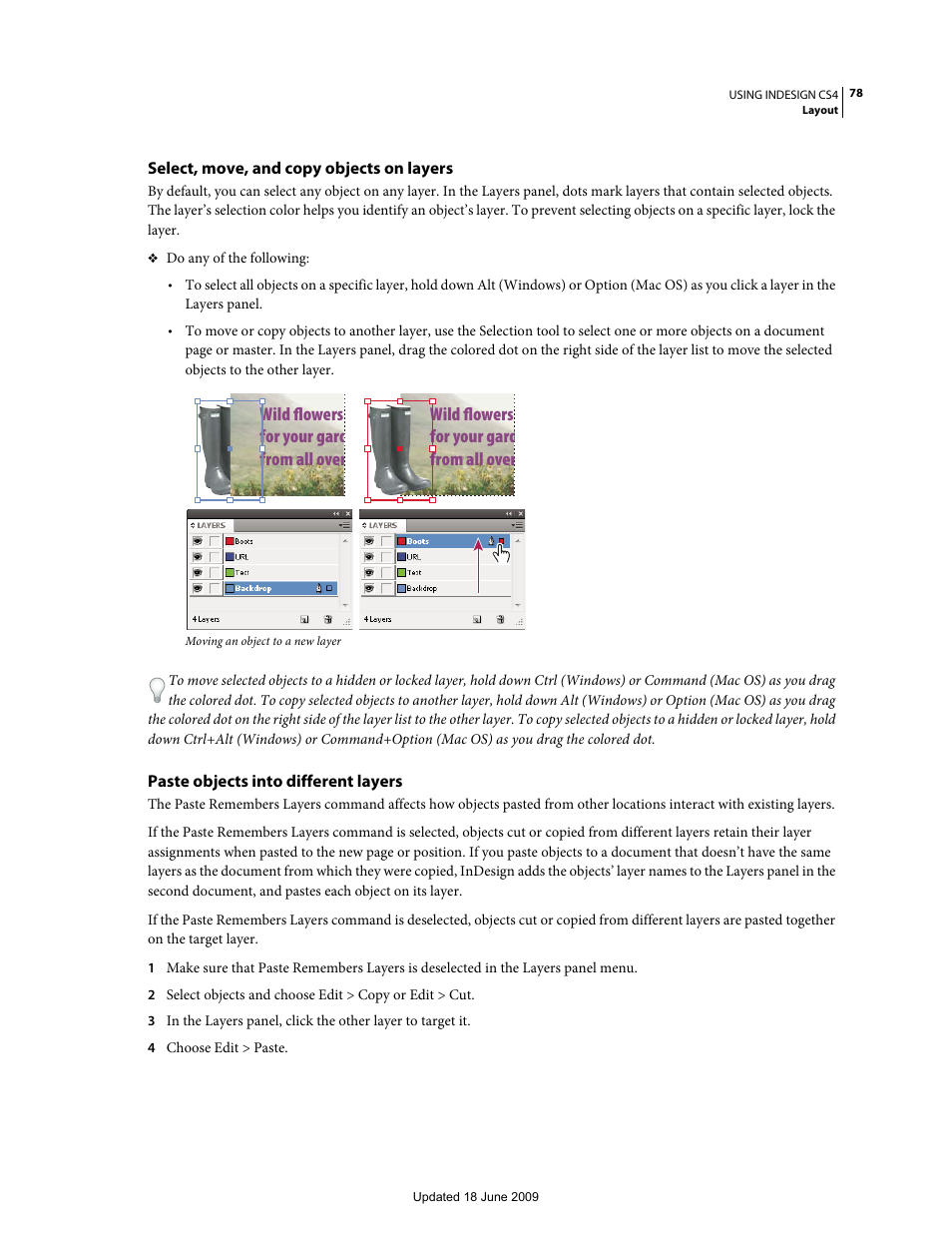 Select, move, and copy objects on layers, Paste objects into different layers, Wild flowers for your gard from all over | Adobe InDesign CS4 User Manual | Page 86 / 717