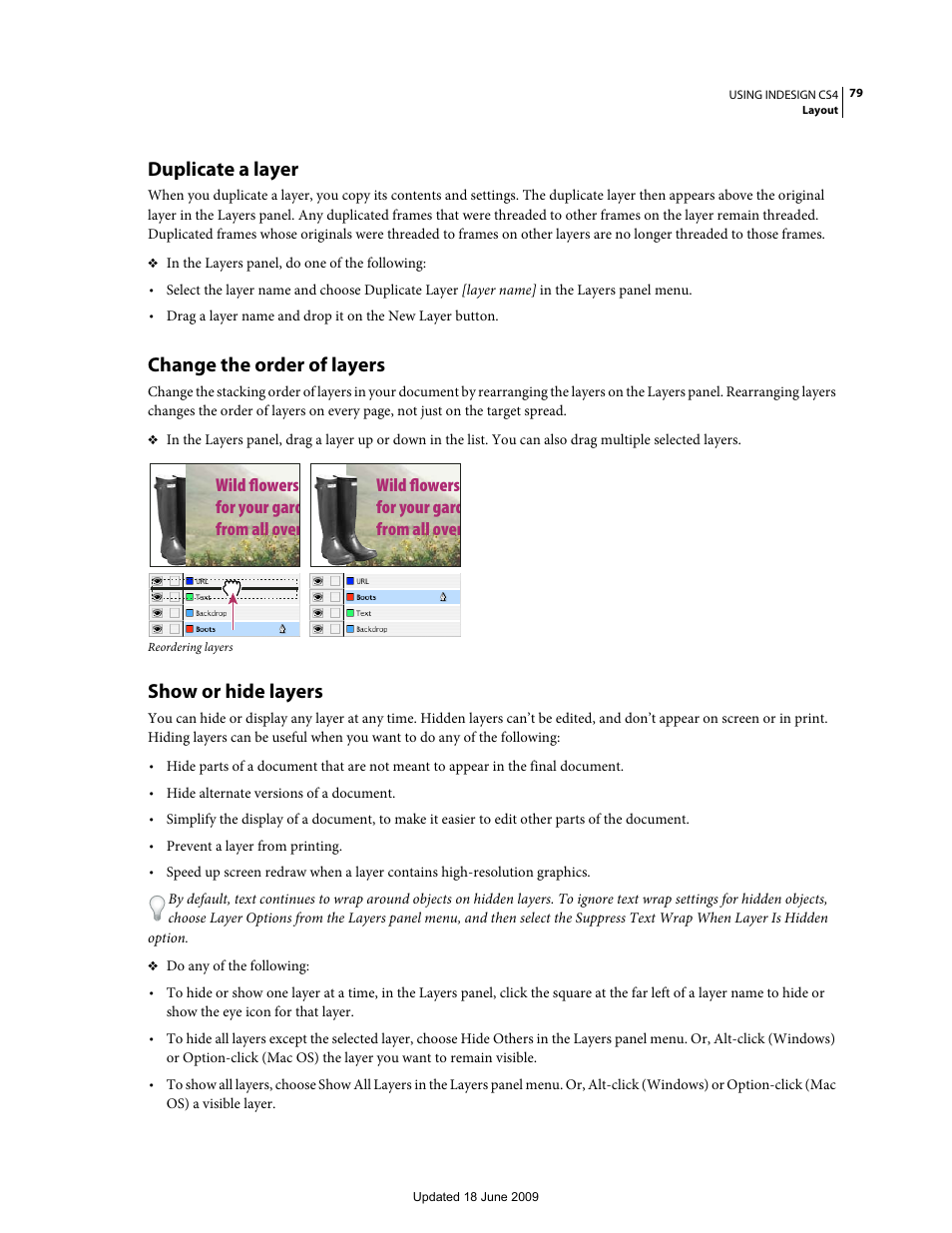 Duplicate a layer, Change the order of layers, Show or hide layers | Wild flowers for your gard from all over | Adobe InDesign CS4 User Manual | Page 87 / 717