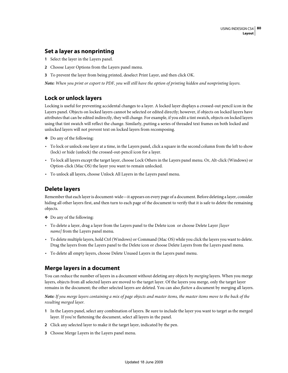Set a layer as nonprinting, Lock or unlock layers, Delete layers | Merge layers in a document | Adobe InDesign CS4 User Manual | Page 88 / 717