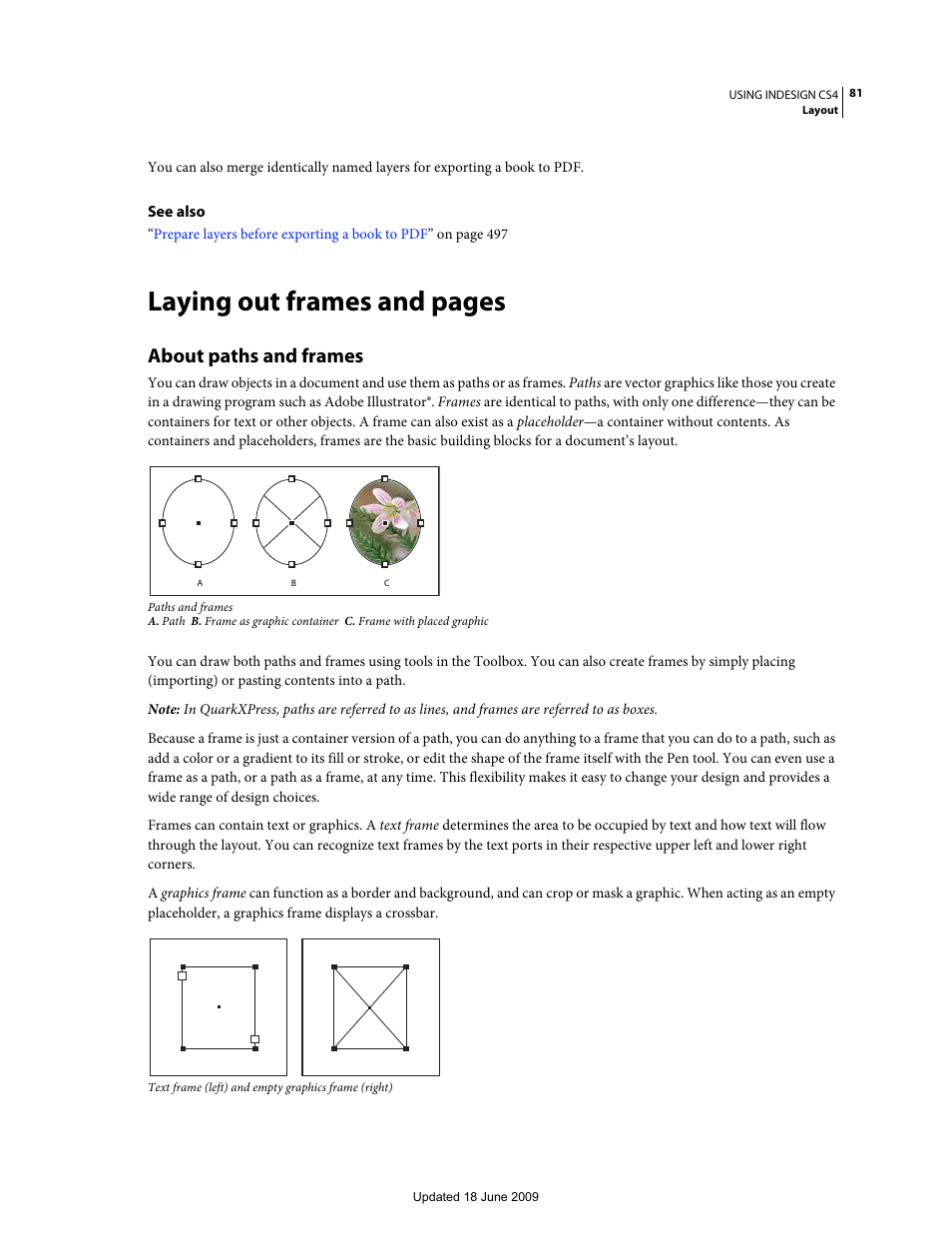 About paths and frames, Laying out frames and pages | Adobe InDesign CS4 User Manual | Page 89 / 717
