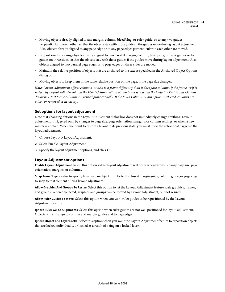 Set options for layout adjustment, Layout adjustment options | Adobe InDesign CS4 User Manual | Page 92 / 717