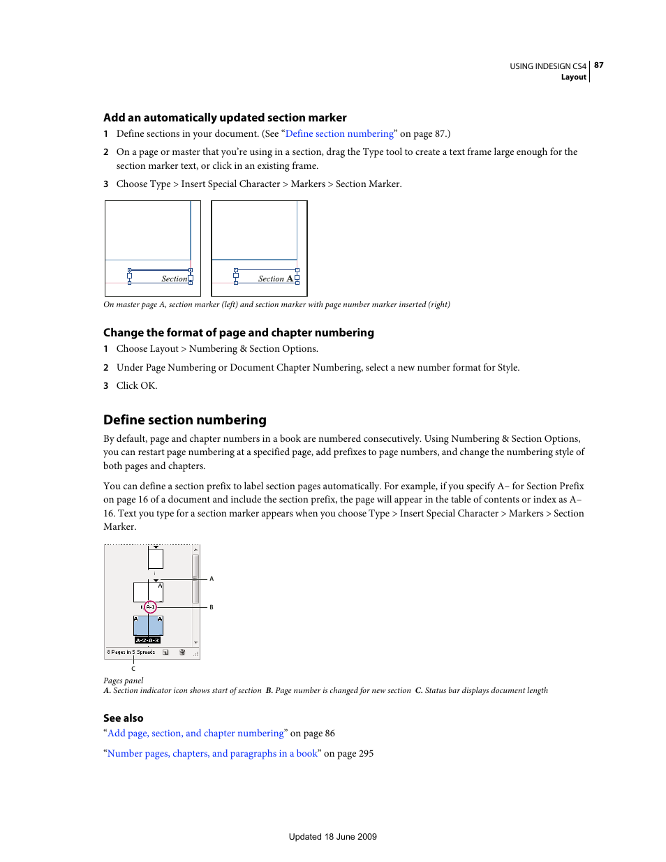 Add an automatically updated section marker, Define section numbering, Change the format of page and chapter numbering | Adobe InDesign CS4 User Manual | Page 95 / 717