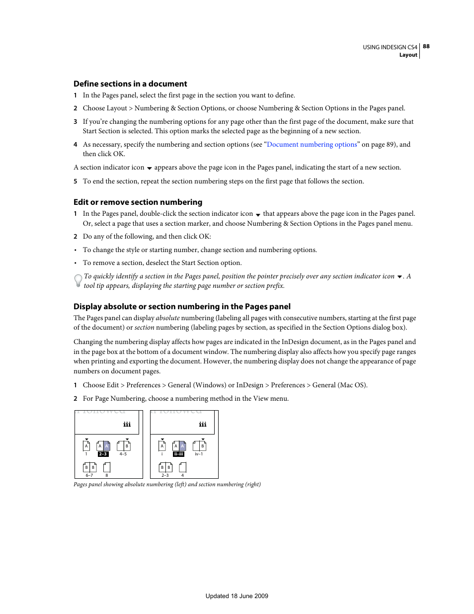 Define sections in a document, Edit or remove section numbering, Display absolute or | Display | Adobe InDesign CS4 User Manual | Page 96 / 717