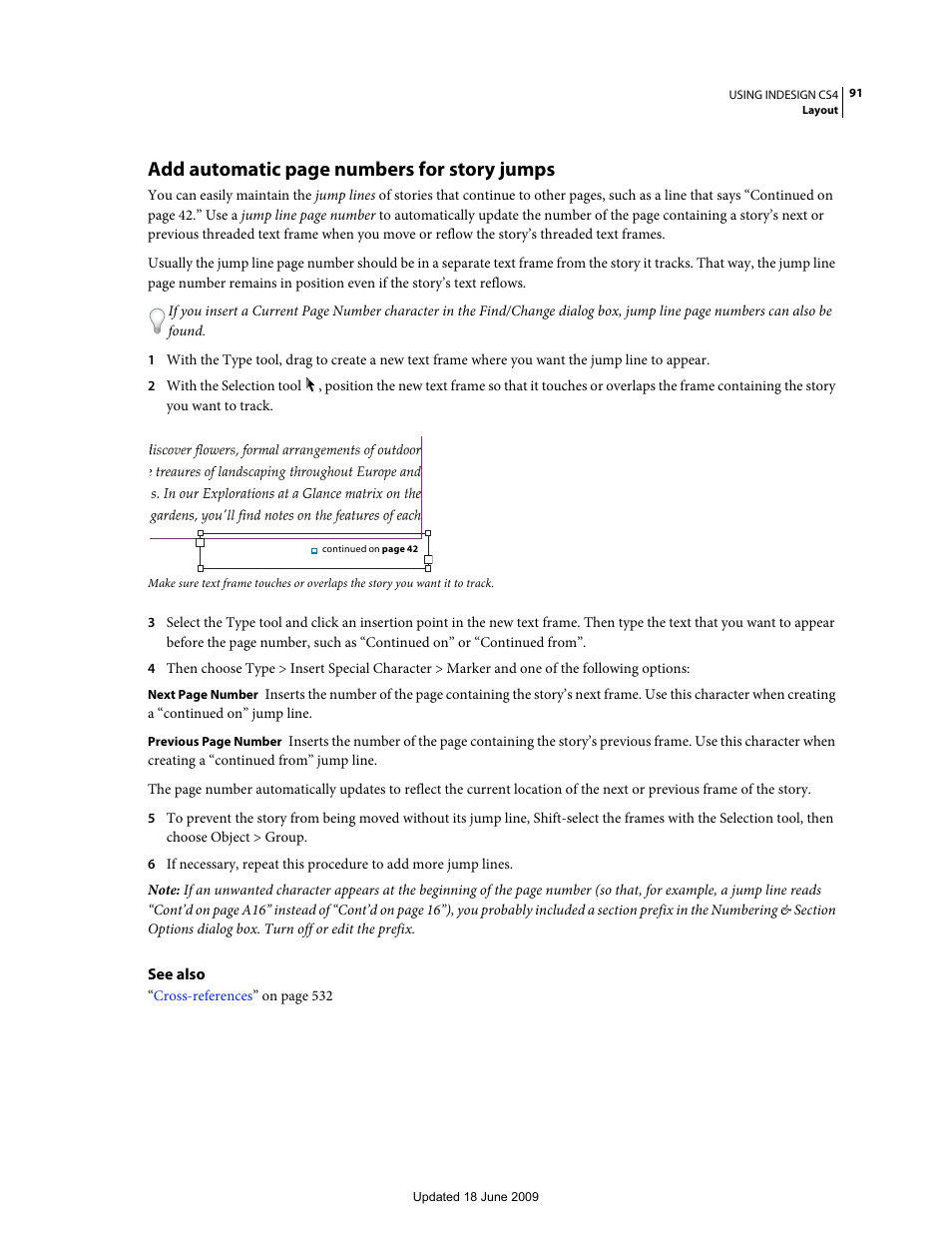 Add automatic page numbers for story jumps | Adobe InDesign CS4 User Manual | Page 99 / 717