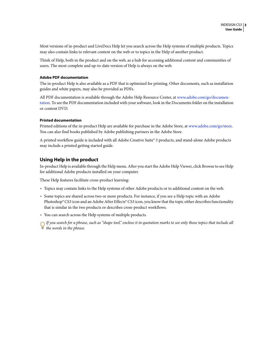 Using help in the product | Adobe InDesign CS3 User Manual | Page 10 / 672