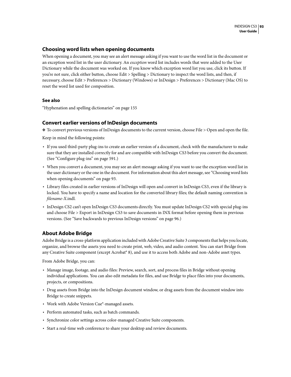 Choosing word lists when opening documents, Convert earlier versions of indesign documents, About adobe bridge | Adobe InDesign CS3 User Manual | Page 100 / 672