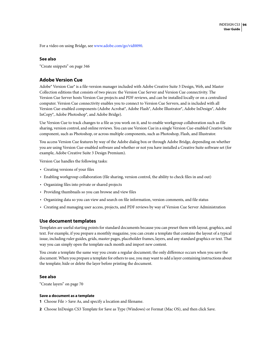 Adobe version cue, Use document templates | Adobe InDesign CS3 User Manual | Page 101 / 672