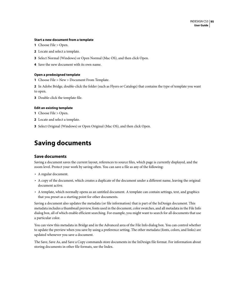 Saving documents, Save documents | Adobe InDesign CS3 User Manual | Page 102 / 672