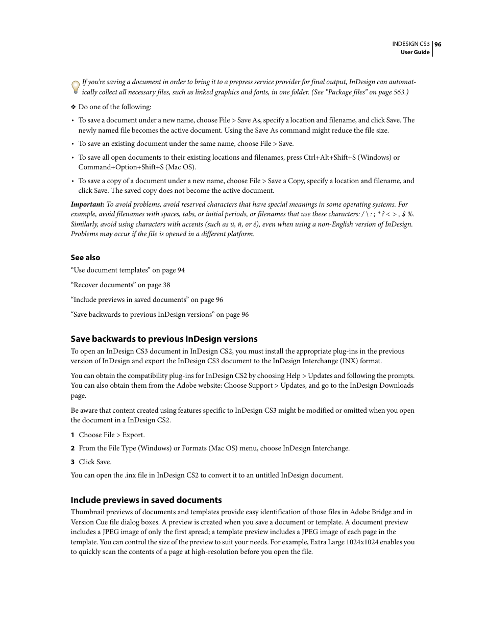 Save backwards to previous indesign versions, Include previews in saved documents | Adobe InDesign CS3 User Manual | Page 103 / 672