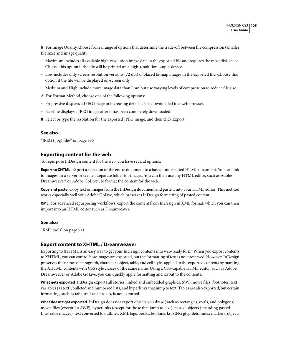 Exporting content for the web, Export content to xhtml / dreamweaver | Adobe InDesign CS3 User Manual | Page 112 / 672