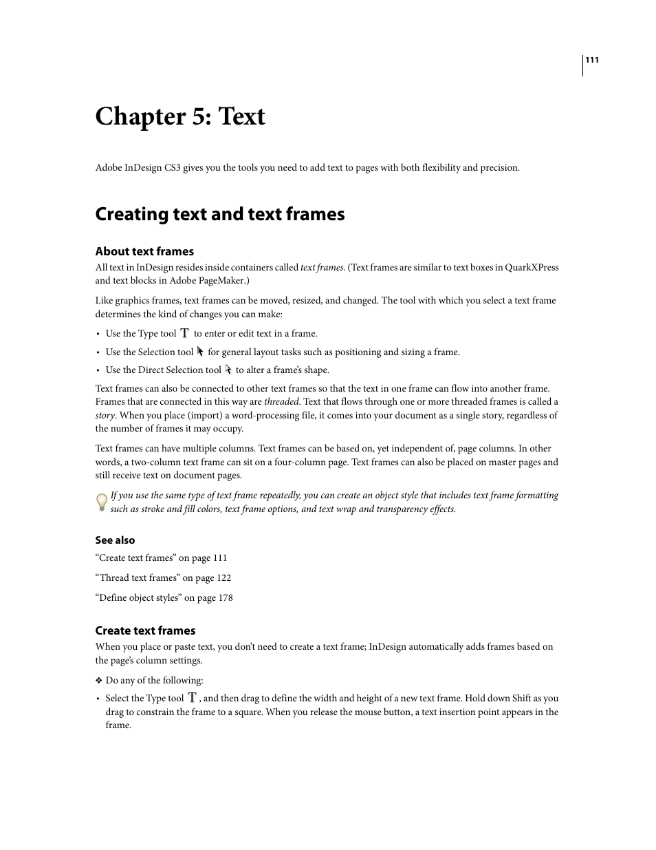 Chapter 5: text, Creating text and text frames, About text frames | Create text frames | Adobe InDesign CS3 User Manual | Page 118 / 672