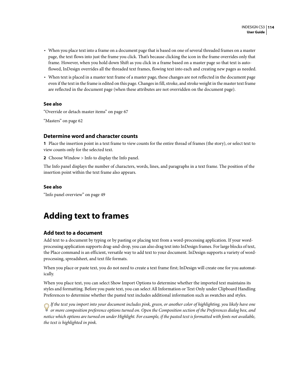 Determine word and character counts, Adding text to frames, Add text to a document | Adobe InDesign CS3 User Manual | Page 121 / 672