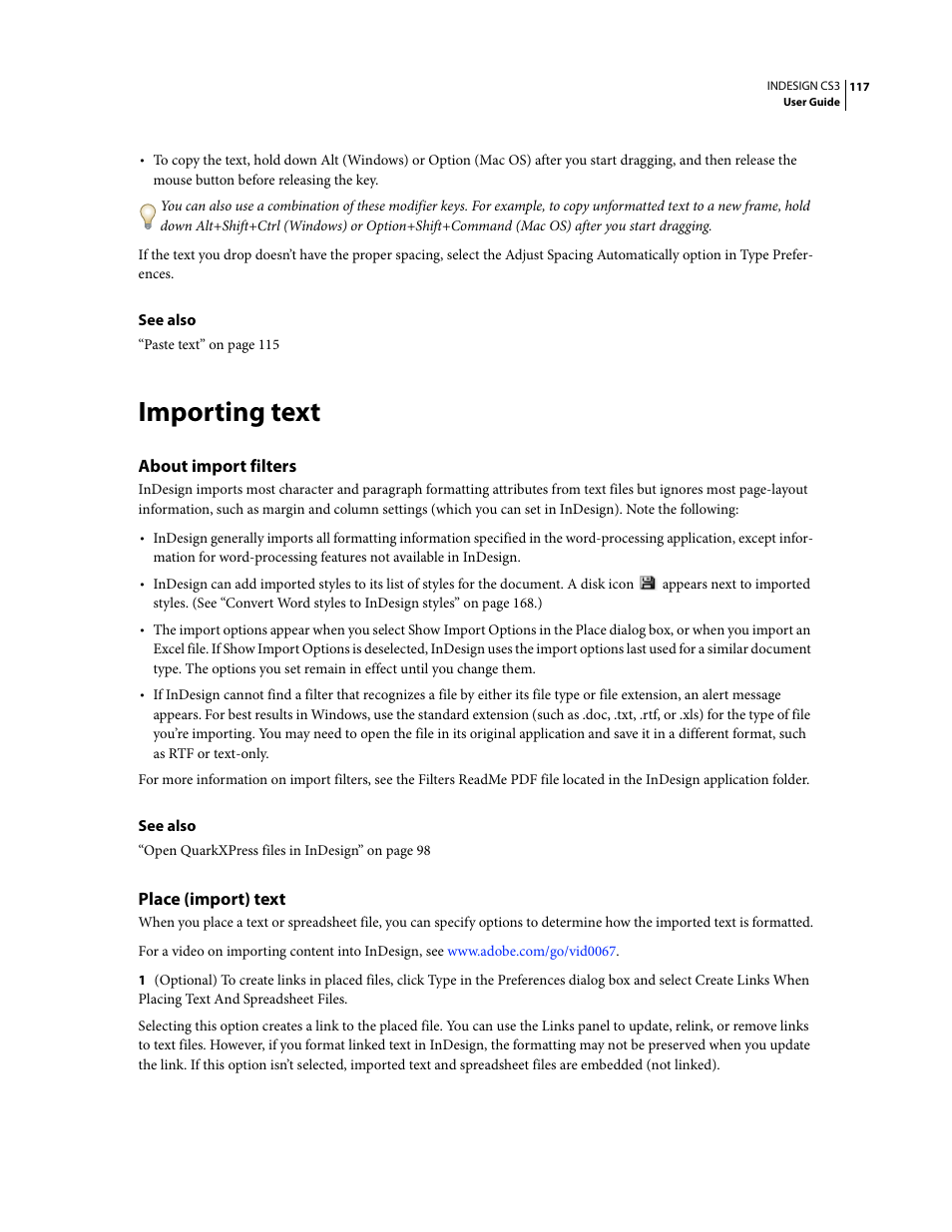 Importing text, About import filters, Place (import) text | Adobe InDesign CS3 User Manual | Page 124 / 672