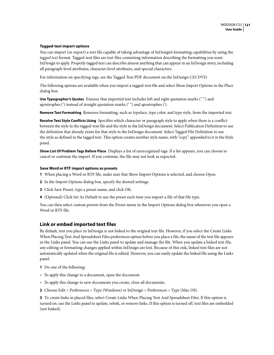 Link or embed imported text files | Adobe InDesign CS3 User Manual | Page 128 / 672