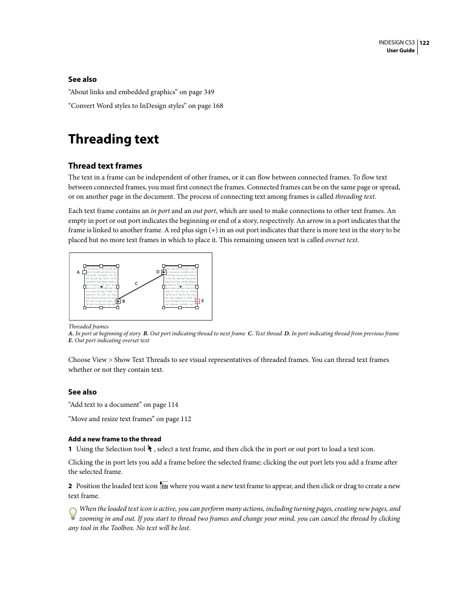 Threading text, Thread text frames | Adobe InDesign CS3 User Manual | Page 129 / 672