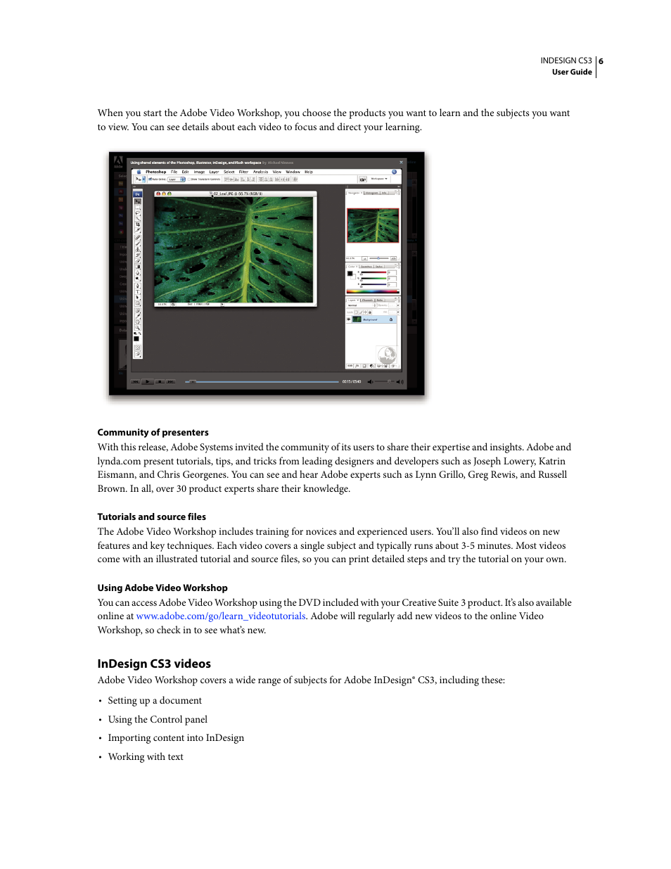 Indesign cs3 videos | Adobe InDesign CS3 User Manual | Page 13 / 672