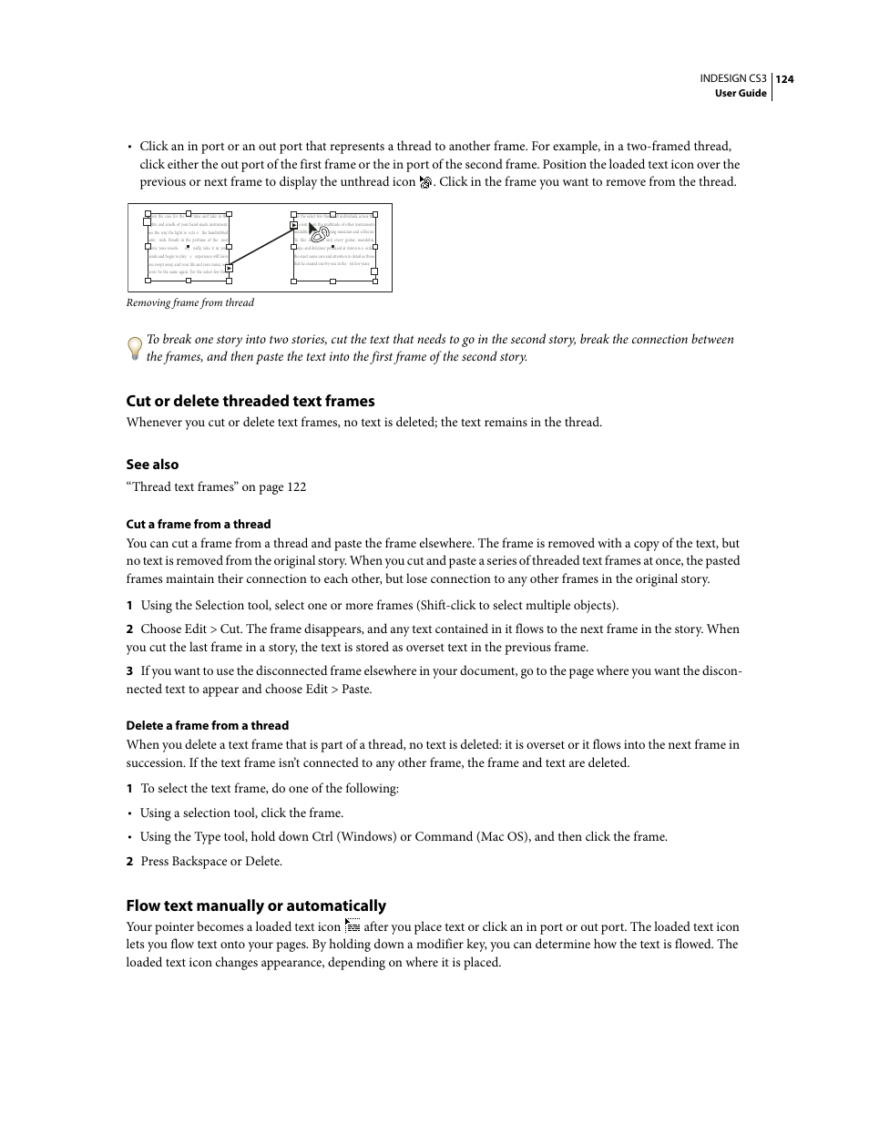 Cut or delete threaded text frames, Flow text manually or automatically, See also | Adobe InDesign CS3 User Manual | Page 131 / 672
