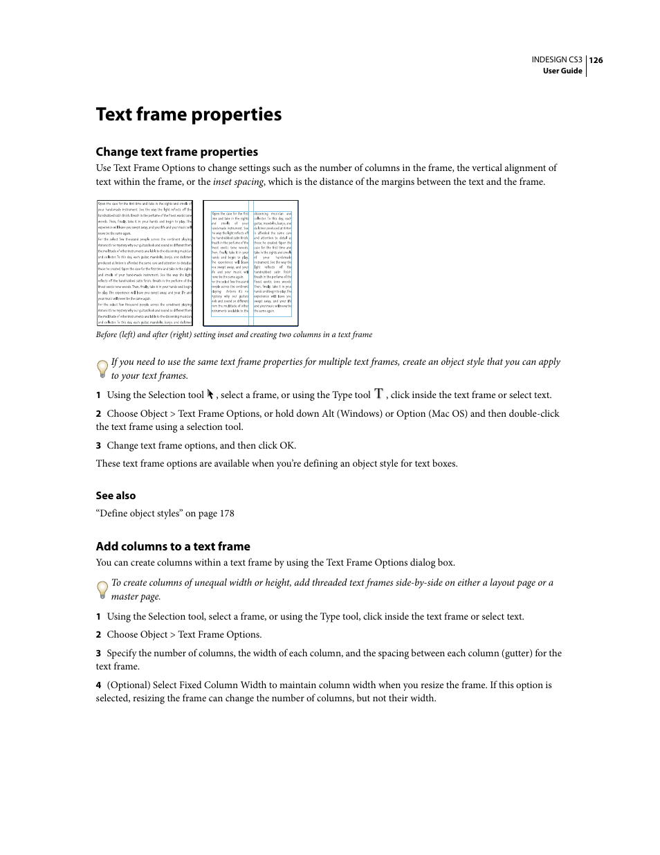 Text frame properties, Change text frame properties, Add columns to a text frame | Adobe InDesign CS3 User Manual | Page 133 / 672