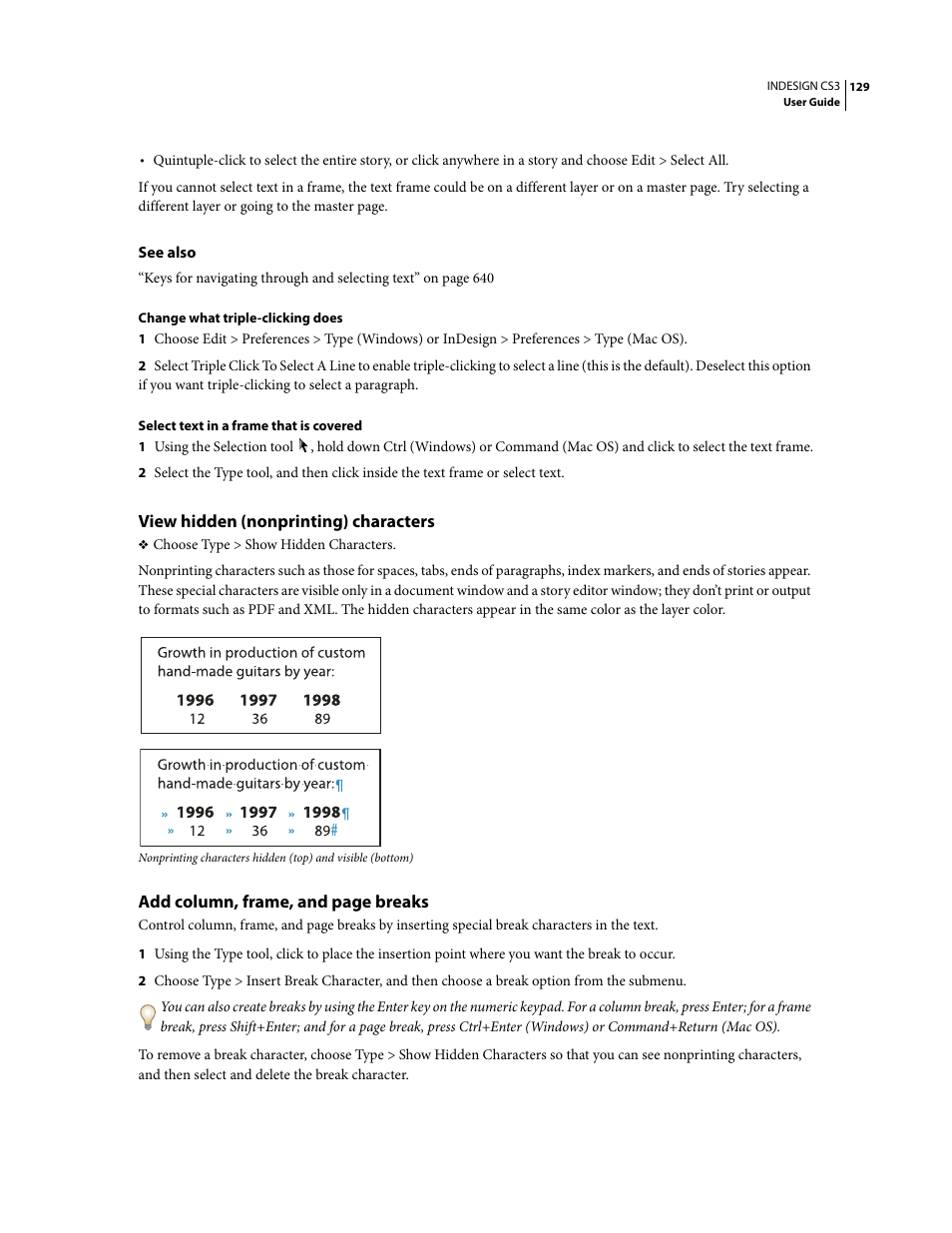 View hidden (nonprinting) characters | Adobe InDesign CS3 User Manual | Page 136 / 672