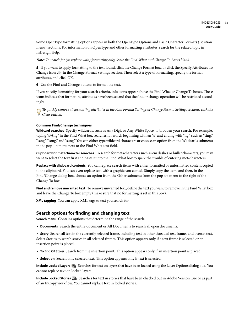 Search options for finding and changing text | Adobe InDesign CS3 User Manual | Page 142 / 672