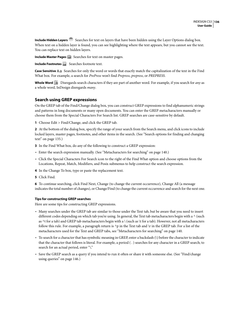 Search using grep expressions | Adobe InDesign CS3 User Manual | Page 143 / 672