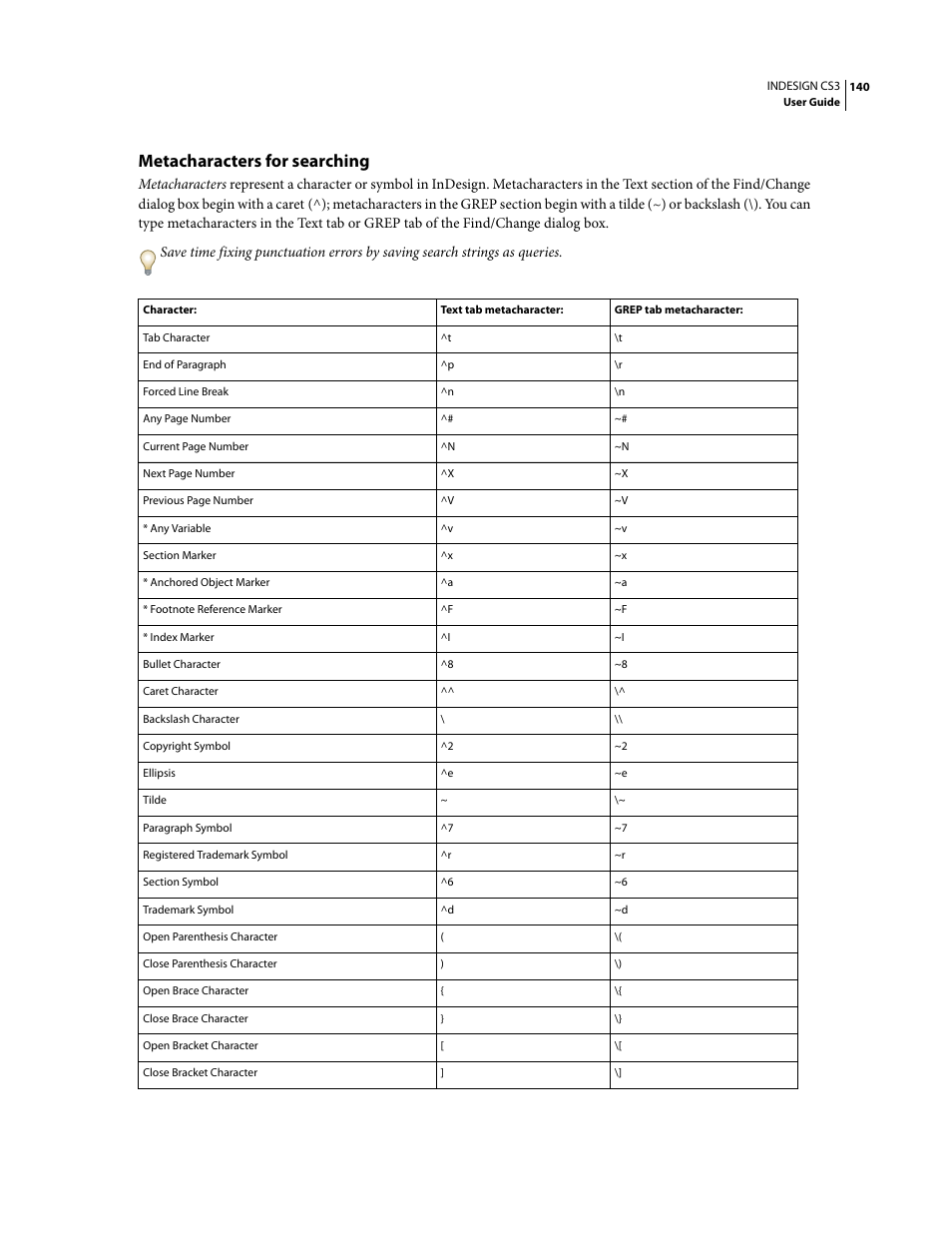 Metacharacters for searching | Adobe InDesign CS3 User Manual | Page 147 / 672