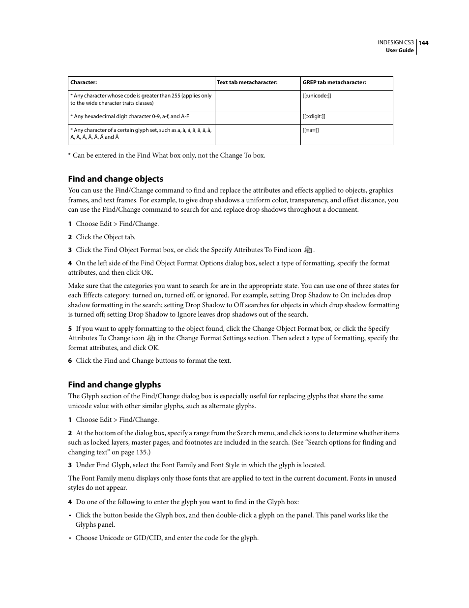 Find and change objects, Find and change glyphs | Adobe InDesign CS3 User Manual | Page 151 / 672