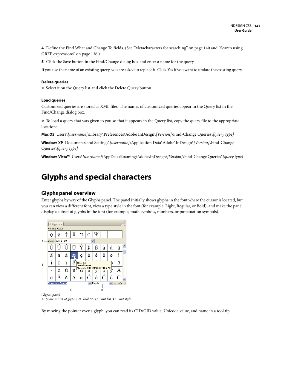 Glyphs and special characters, Glyphs panel overview | Adobe InDesign CS3 User Manual | Page 154 / 672