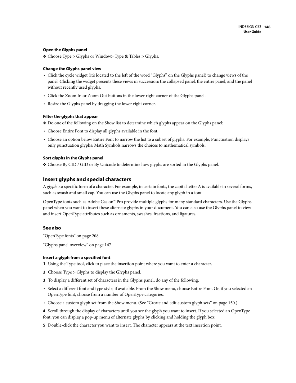 Insert glyphs and special characters | Adobe InDesign CS3 User Manual | Page 155 / 672