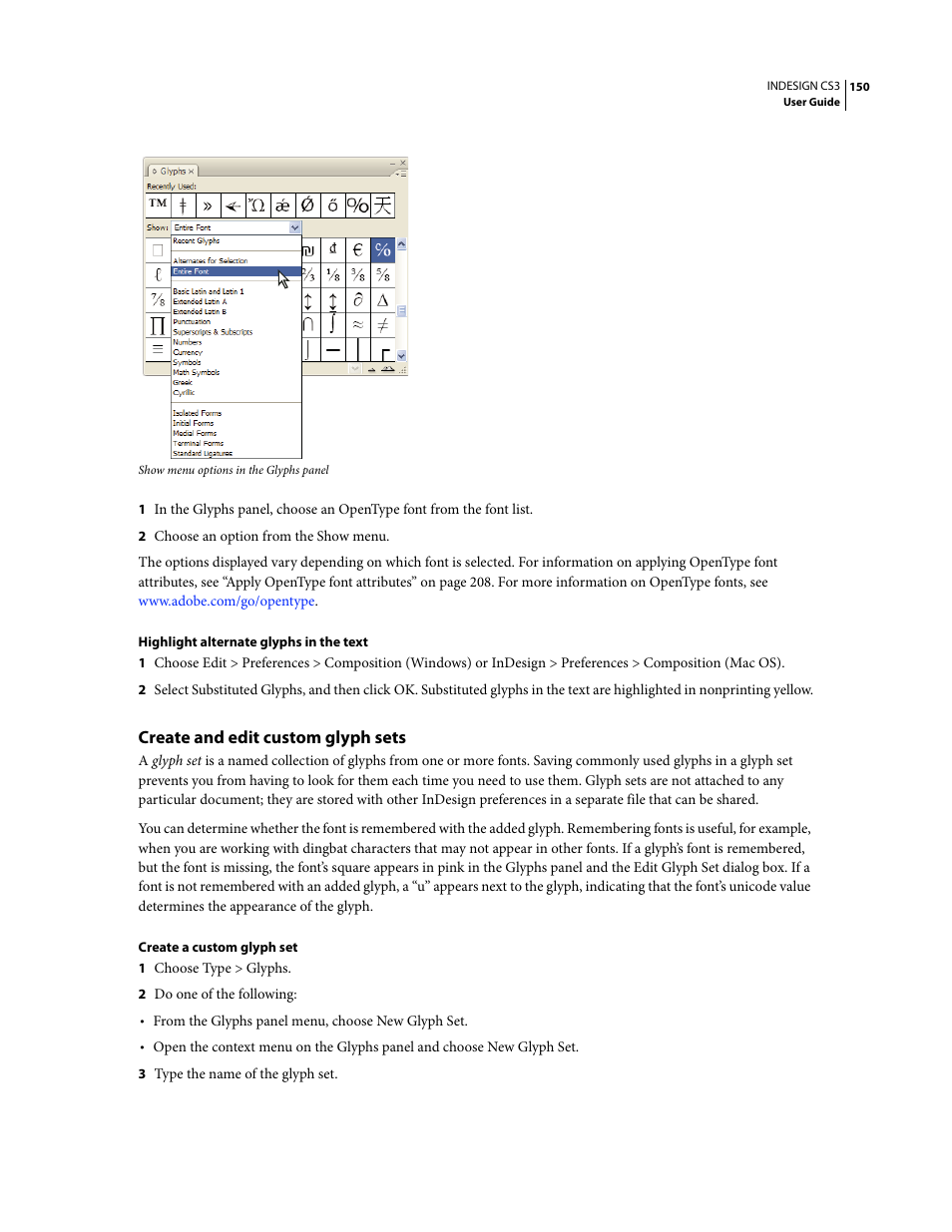 Create and edit custom glyph sets | Adobe InDesign CS3 User Manual | Page 157 / 672
