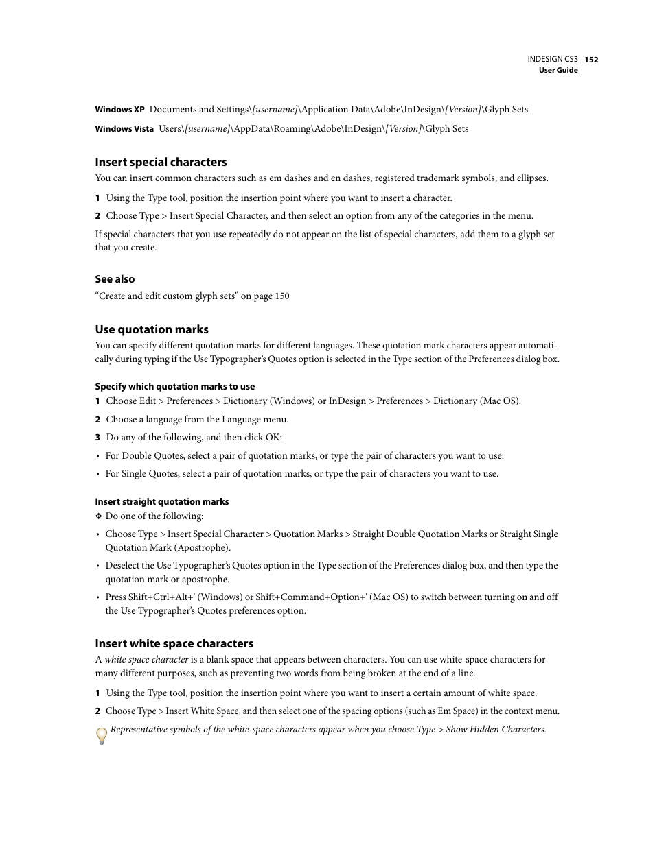 Insert special characters, Use quotation marks, Insert white space characters | Adobe InDesign CS3 User Manual | Page 159 / 672