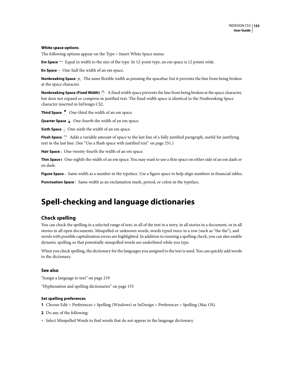 Spell-checking and language dictionaries, Check spelling | Adobe InDesign CS3 User Manual | Page 160 / 672