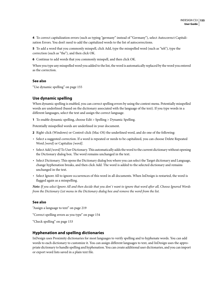Use dynamic spelling, Hyphenation and spelling dictionaries | Adobe InDesign CS3 User Manual | Page 162 / 672