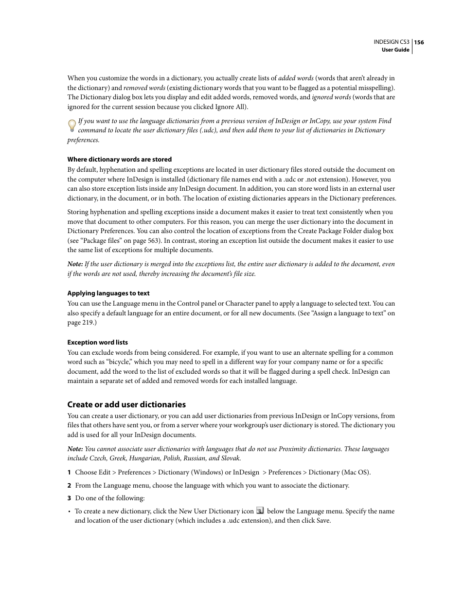 Create or add user dictionaries | Adobe InDesign CS3 User Manual | Page 163 / 672
