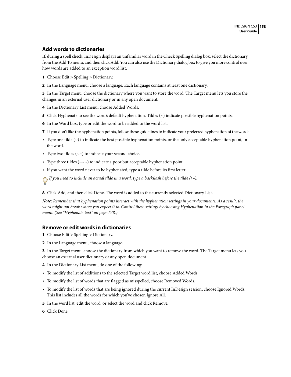 Add words to dictionaries, Remove or edit words in dictionaries | Adobe InDesign CS3 User Manual | Page 165 / 672