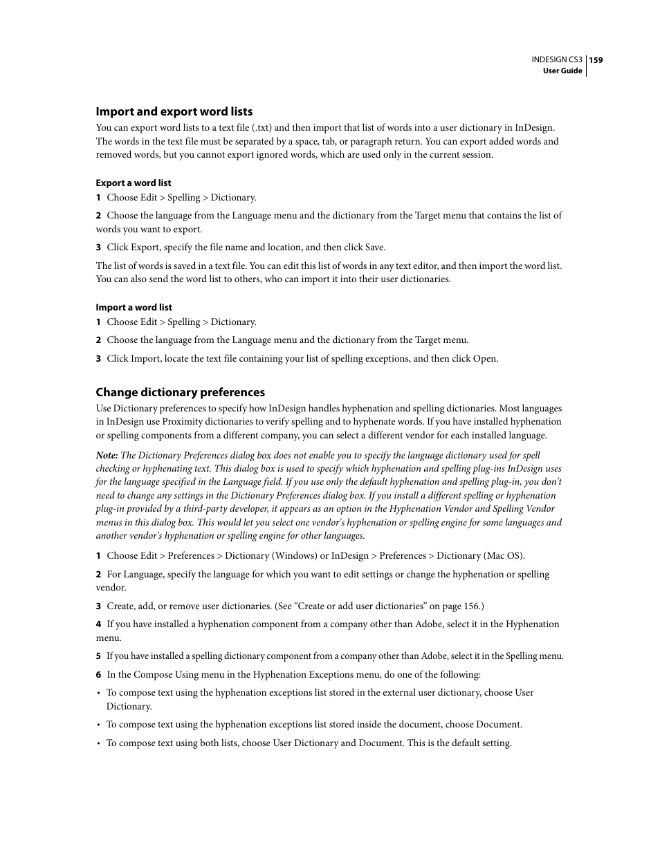 Import and export word lists, Change dictionary preferences | Adobe InDesign CS3 User Manual | Page 166 / 672