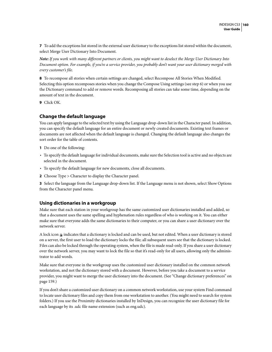 Change the default language, Using dictionaries in a workgroup | Adobe InDesign CS3 User Manual | Page 167 / 672