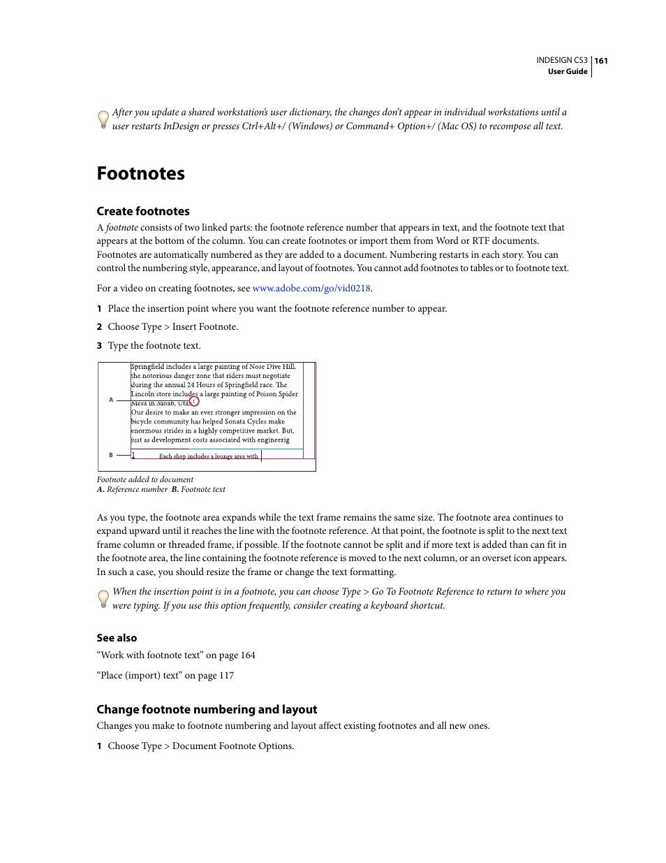 Footnotes, Create footnotes, Change footnote numbering and layout | Adobe InDesign CS3 User Manual | Page 168 / 672