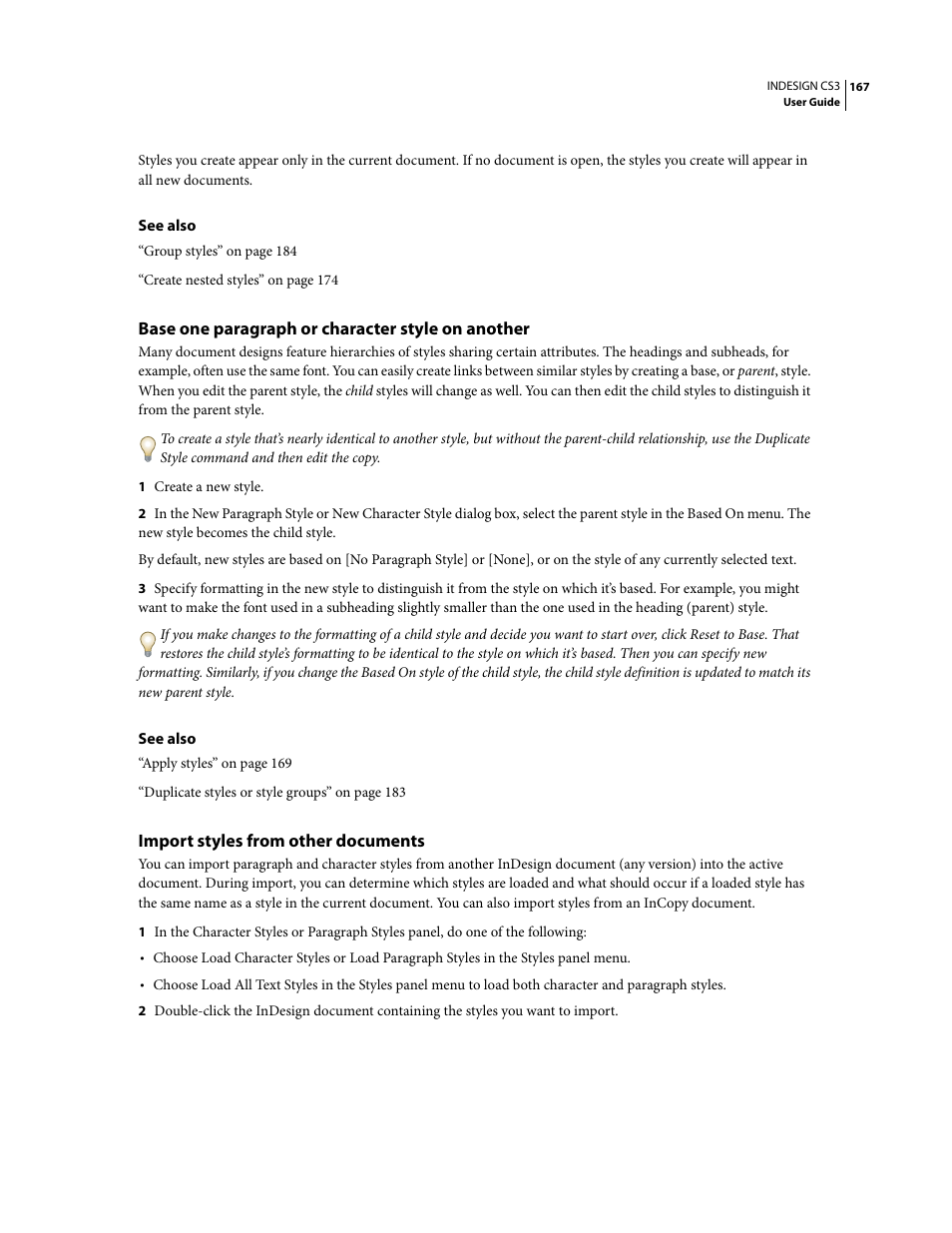 Base one paragraph or character style on another, Import styles from other documents | Adobe InDesign CS3 User Manual | Page 174 / 672