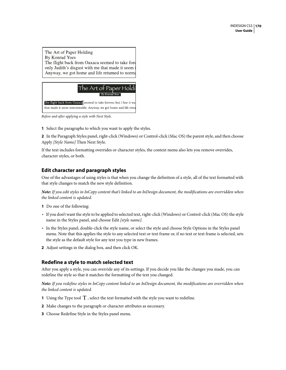 Edit character and paragraph styles, Redefine a style to match selected text | Adobe InDesign CS3 User Manual | Page 177 / 672