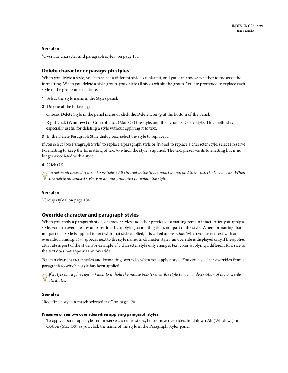 Delete character or paragraph styles, Override character and paragraph styles | Adobe InDesign CS3 User Manual | Page 178 / 672