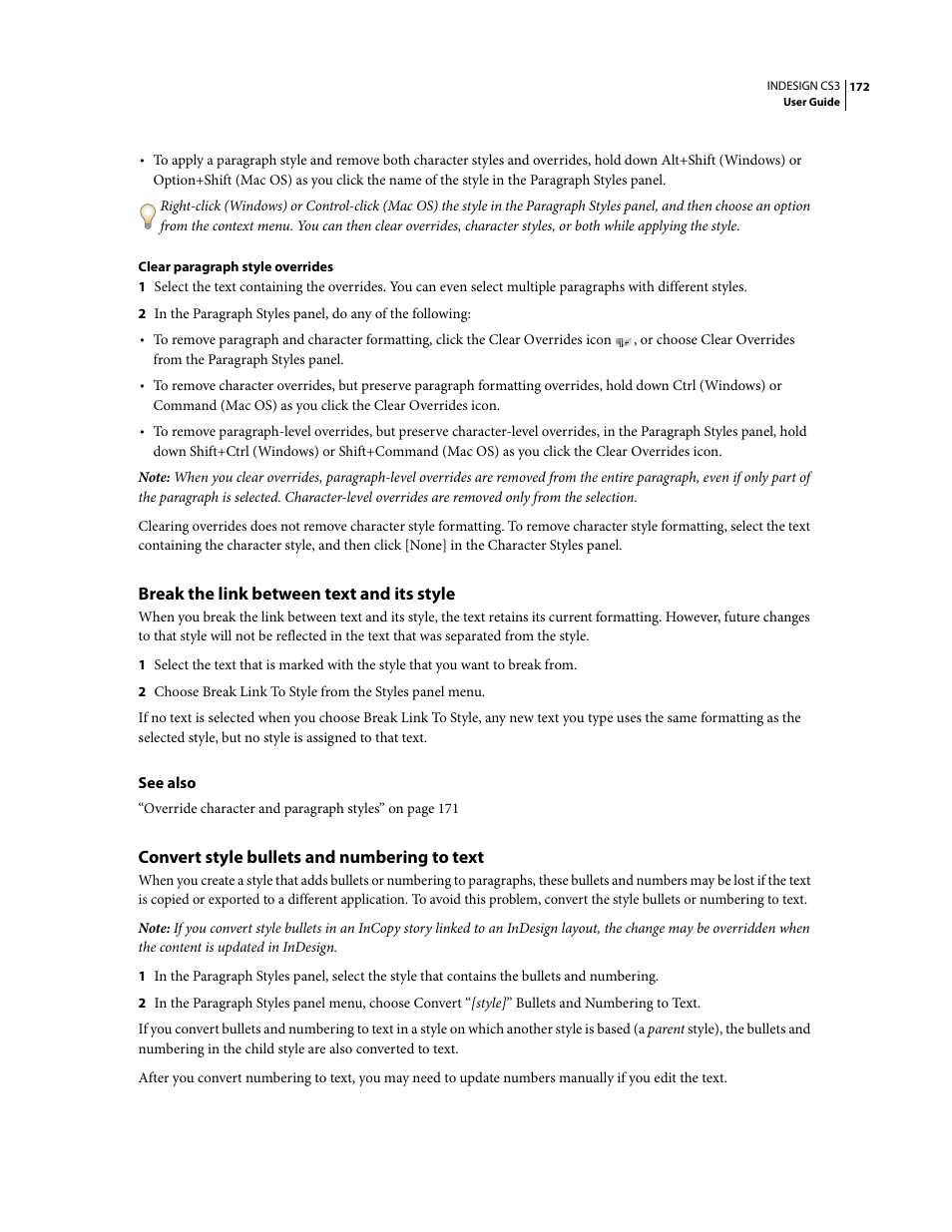 Break the link between text and its style, Convert style bullets and numbering to text | Adobe InDesign CS3 User Manual | Page 179 / 672