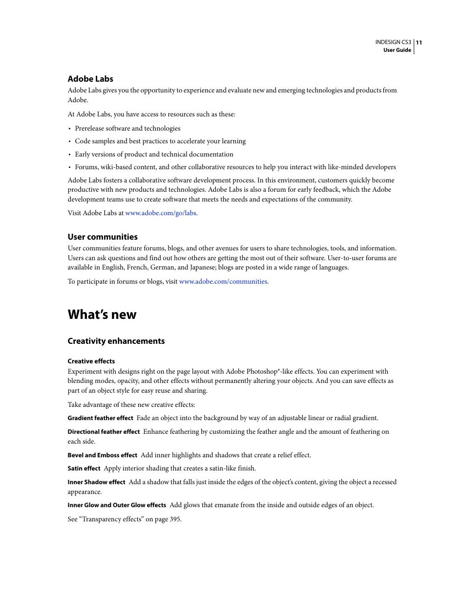 Adobe labs, User communities, What’s new | Creativity enhancements | Adobe InDesign CS3 User Manual | Page 18 / 672