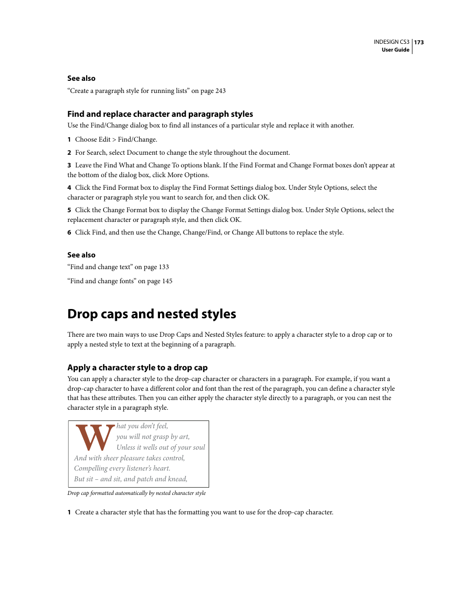 Find and replace character and paragraph styles, Drop caps and nested styles, Apply a character style to a drop cap | Adobe InDesign CS3 User Manual | Page 180 / 672