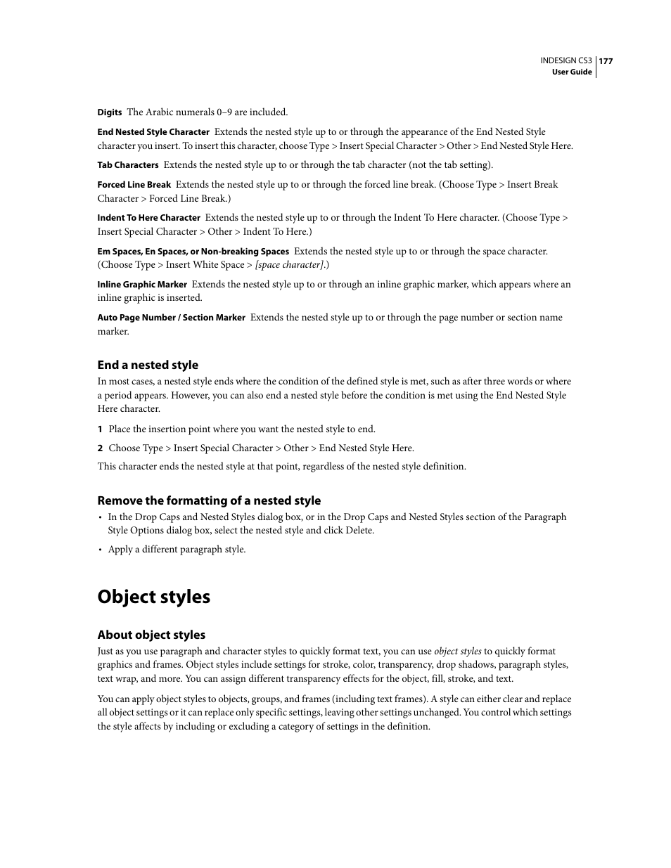 End a nested style, Remove the formatting of a nested style, Object styles | About object styles | Adobe InDesign CS3 User Manual | Page 184 / 672