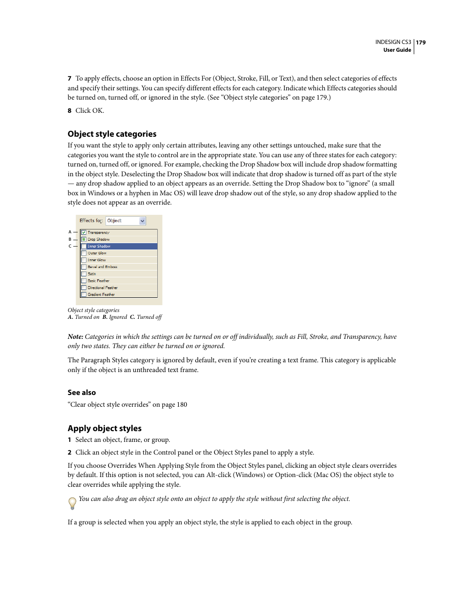 Object style categories, Apply object styles | Adobe InDesign CS3 User Manual | Page 186 / 672